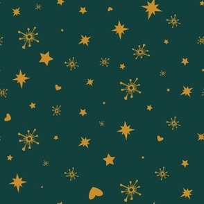 Holiday Snowy Stars + Hearts in Pine Green + Gold