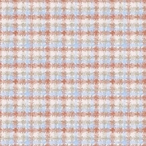 493 - Mini small scale papercut organic wonky shapes in orange, taupe, pale blue and off white tartan plaid setting for children/kids apparel, scrunchies, hair ties, nursery décor and accessories, patchwork quilting, 