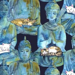 (XL) Blue Watercolor Serene Zen Buddha Statues with Sleeping Kitty Cats Extra Large