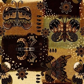 Folk art butterflies blurred edge patchwork in earthy golden hues 8” repeat with faux burlap texture