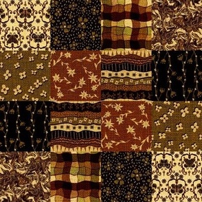 Folk art butterflies and coordinates  patchwork in earthy golden hues 8” repeat
