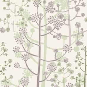 Jumbo - Castor oil plant and berries silhouetted and layered in shades of dusky lilac purples and soft sages greens on a cream ivory background. For wallpaper in any room.