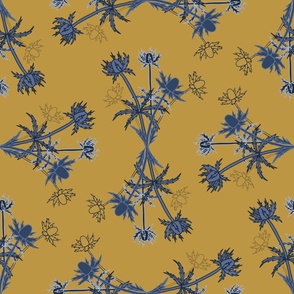 Jumbo - Sea holly plants in an ogee style for a living room wallpaper. Hand drawn flowers in mustard, indigo & blue nova on a saffron. background. 