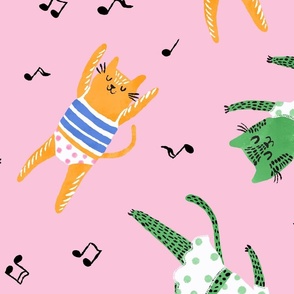 Large - Dancing Cats - Pink - Colorful funny happy cats in clothing dancing with music notes - Children Cartoon Funky Kids - yellow pink blue green - childrens clothes kids print