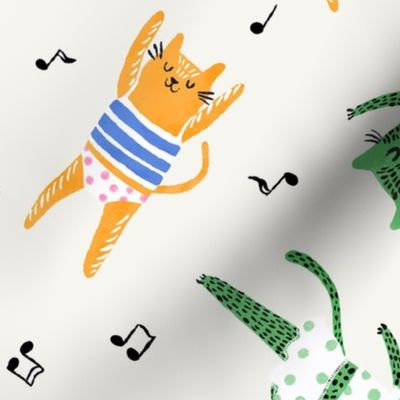 Medium - Dancing Cats - Soft white - Colorful funny happy cats in clothing dancing with music notes - Children Cartoon Funky Kids - yellow pink blue green - childrens clothes kids print