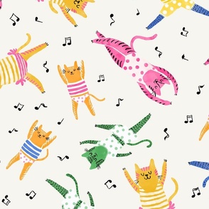 Medium - Dancing Cats - Soft white - Colorful funny happy cats in clothing dancing with music notes - Children Cartoon Funky Kids - yellow pink blue green - childrens clothes kids print