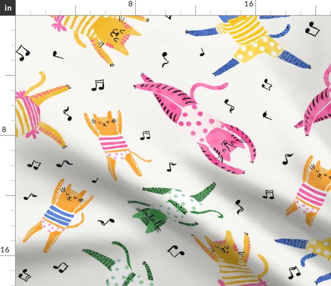 Medium - Dancing Cats - Soft white - Colorful funny happy cats in clothing dancing with music notes - Children Cartoon Funky Kids - yellow pink blue green - childrens clothes kids print