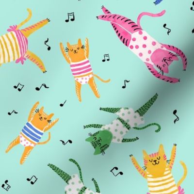 Small - Dancing Cats - Foam green (mint green) - Colorful funny happy cats in clothing dancing with music notes - Children Cartoon Funky Kids - yellow pink blue green - childrens clothes kids print