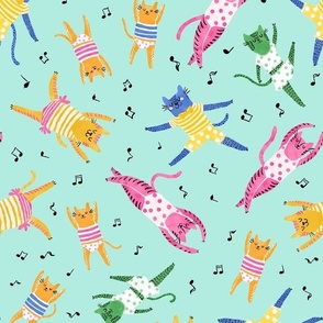 Small - Dancing Cats - Foam green (mint green) - Colorful funny happy cats in clothing dancing with music notes - Children Cartoon Funky Kids - yellow pink blue green - childrens clothes kids print