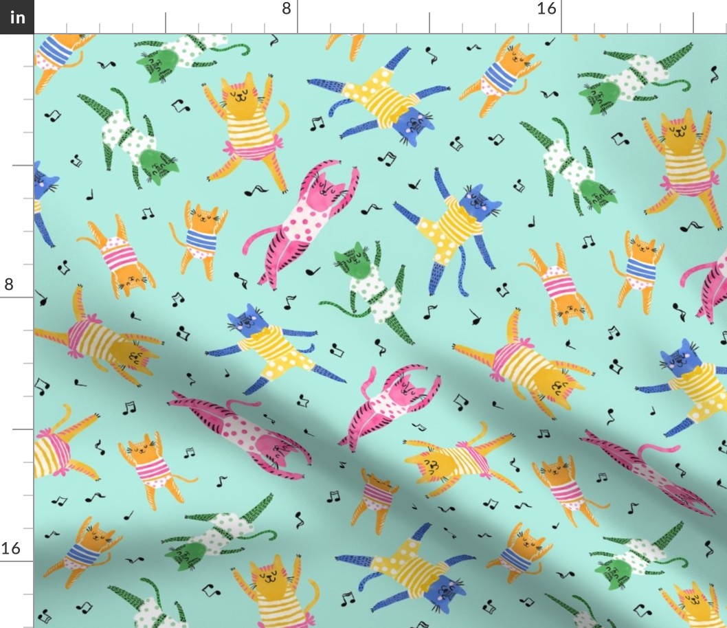 Small - Dancing Cats - Foam green (mint green) - Colorful funny happy cats in clothing dancing with music notes - Children Cartoon Funky Kids - yellow pink blue green - childrens clothes kids print