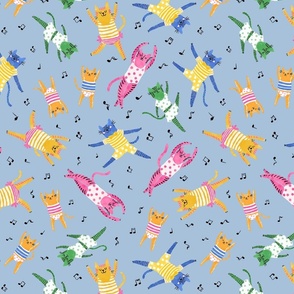 Small - Dancing Cats - Sky Blue - Colorful funny happy cats in clothing dancing with music notes - Children Cartoon Funky Kids - yellow pink blue green - childrens clothes kids print