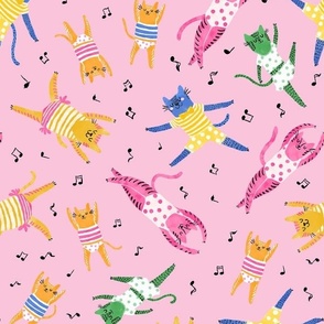 Small - Dancing Cats - Pink - Colorful funny happy cats in clothing dancing with music notes - Children Cartoon Funky Kids - yellow pink blue green - childrens clothes kids print