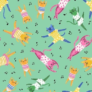 Small - Dancing Cats - Jade Green - Colorful funny happy cats in clothing dancing with music notes - Children Cartoon Funky Kids - yellow pink blue green - childrens clothes kids print