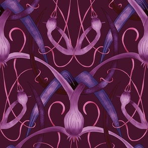 Seamless pattern with elegant green bows and ribbons in burgundy-lilac shades on a black background.
