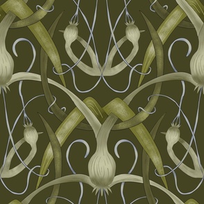Seamless pattern with graceful green onions and ribbons in yellow and ocher shades.
