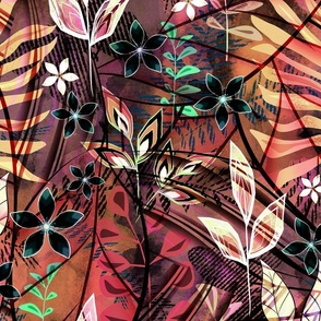 Beautiful floral chaos. Bright abstract tropical floral pattern.