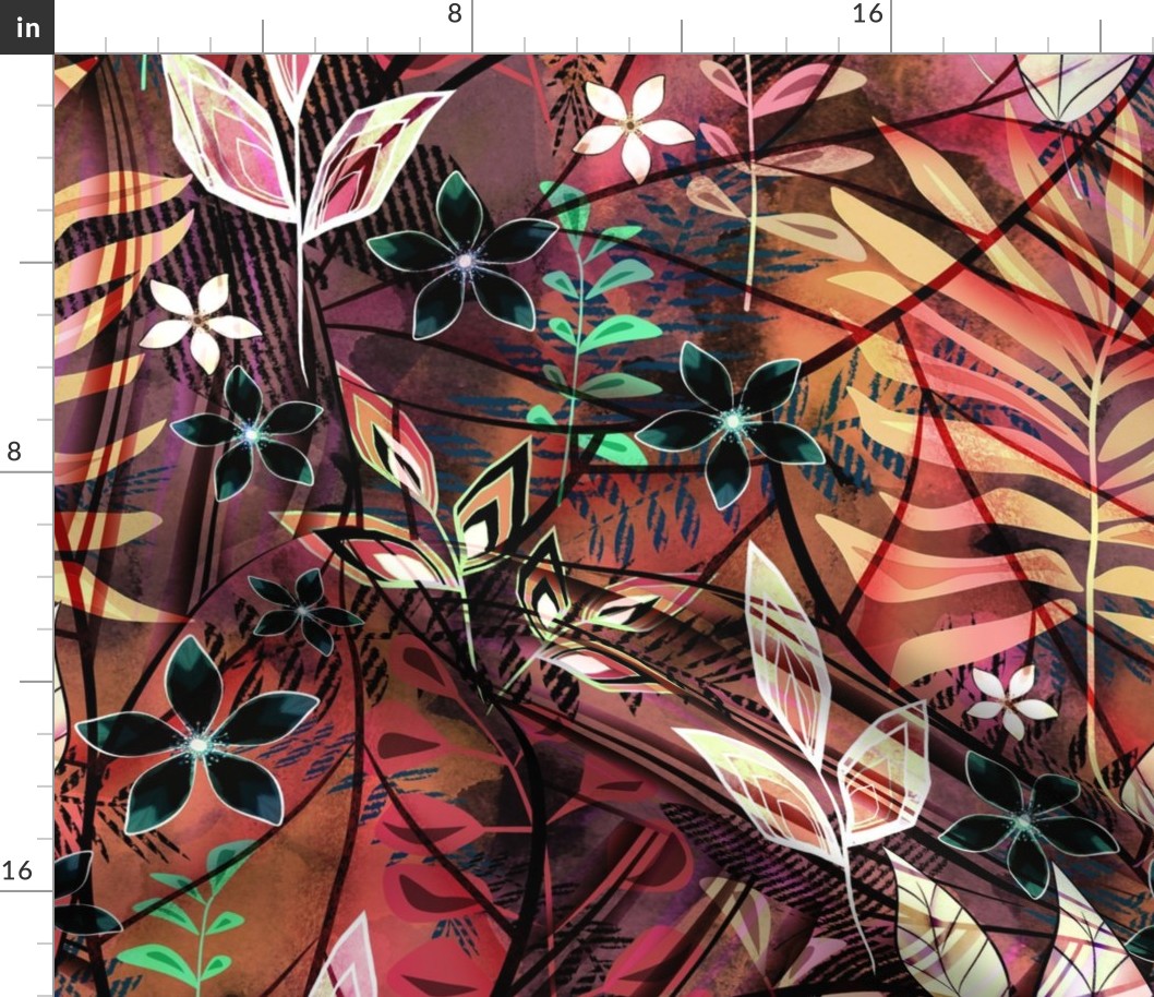 Beautiful floral chaos. Bright abstract tropical floral pattern.