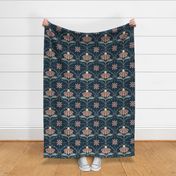 Midnight Bloom Dance: Stylized Folk Floral Pattern - Contemporary Botanical Fabric Design - M