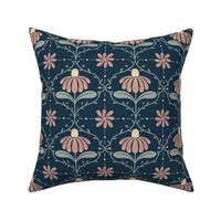 Midnight Bloom Dance: Stylized Folk Floral Pattern - Contemporary Botanical Fabric Desig