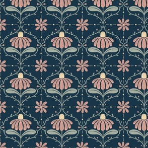 Midnight Bloom Dance: Stylized Folk Floral Pattern - Contemporary Botanical Fabric Desig
