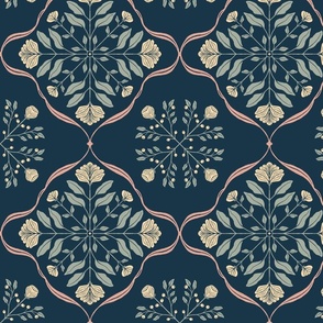 Elegant Botanical Medley: Geometric Floral Elegance in Navy and Coral - Refined Fabric Pattern