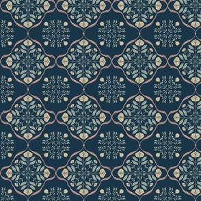 Elegant Floral Lattice - Sophisticated Navy Blue and Gold Fabric and Wallpaper Pattern - M