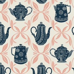 Whimsical Teapots in Symmetry - Large dark blue