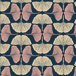 Vintage Geometric Muted Navy Blue, Pink, and Yellow Botanical Ginkgo Leaf Symmetry - L