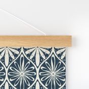 Midnight Blue and Cream Geometric Ogee Leaf Block Print for Wallpaper