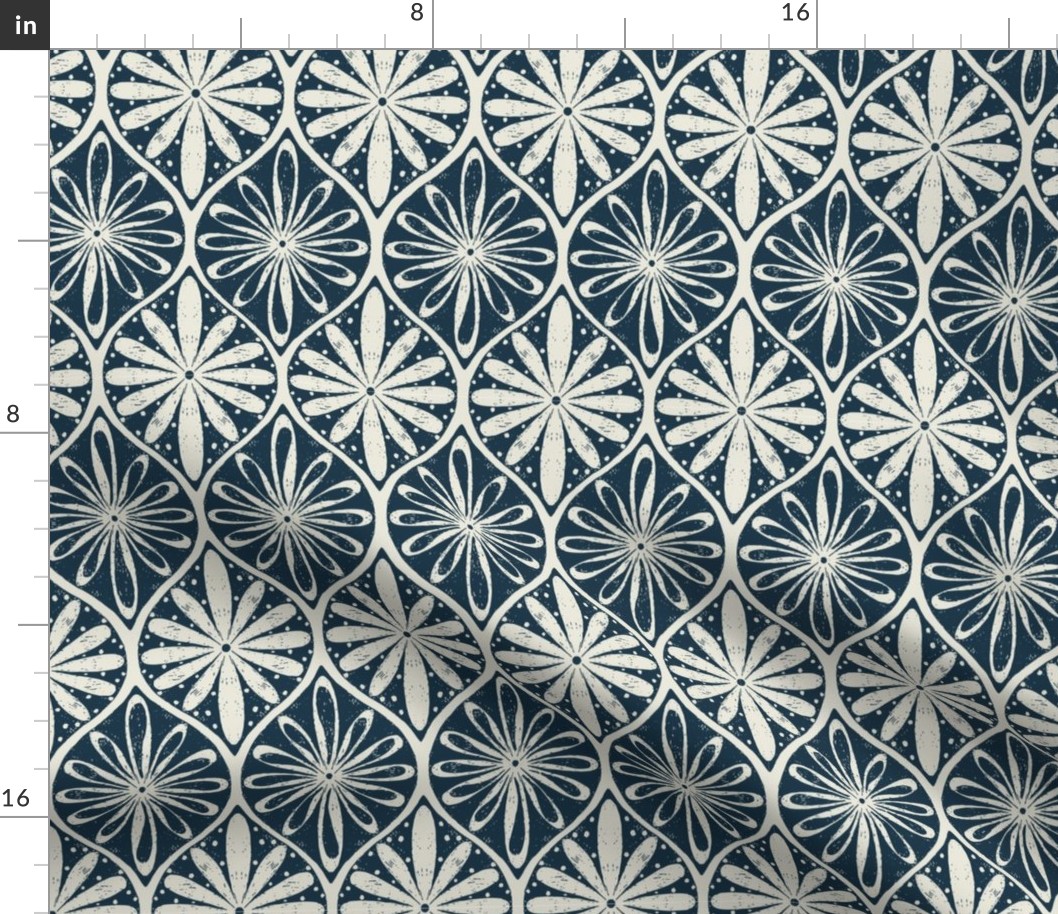 Midnight Florals: Geometric Petal Lattice - Sophisticated Navy Blue Fabric Design