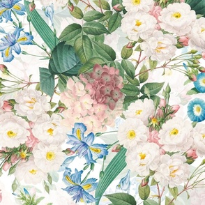 21" Nostalgic Pierre-Joseph Redouté Blush Rambler Roses,Hydrangea and Blue  Antique Flower Bouquets, vintage home decor, English Rose Fabric White double layer