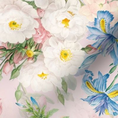 21" Nostalgic Pierre-Joseph Redouté Blush Rambler Roses,Hydrangea and Blue  Antique Flower Bouquets, vintage home decor, English Rose Fabric light pink double layer