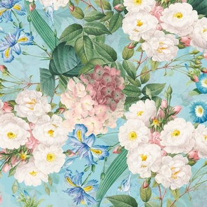 21" Nostalgic Pierre-Joseph Redouté Blush Rambler Roses,Hydrangea and Blue  Antique Flower Bouquets, vintage home decor, English Rose Fabric light blue double layer