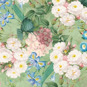 21" Nostalgic Pierre-Joseph Redouté Blush Rambler Roses,Hydrangea and Blue  Antique Flower Bouquets, vintage home decor, English Rose Fabric green double layer