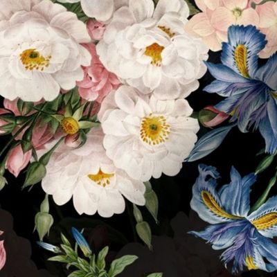 21" Nostalgic Pierre-Joseph Redouté Blush Rambler Roses,Hydrangea and Blue  Gothic Antique Flower Bouquets,dark goth vintage home decor, English Rose Fabric black double layer