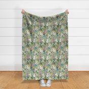 14" Exquisite antique charm: A Vintage Botanical Flower Pattern, Featuring exotic leaves white pink and blue and purple blooms,  on a light sepia sage green background - double layer