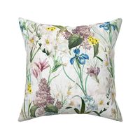14" Exquisite antique charm: A Vintage Botanical Flower Pattern, Featuring exotic leaves white pink and blue and purple blooms,  on an off white background - double layer