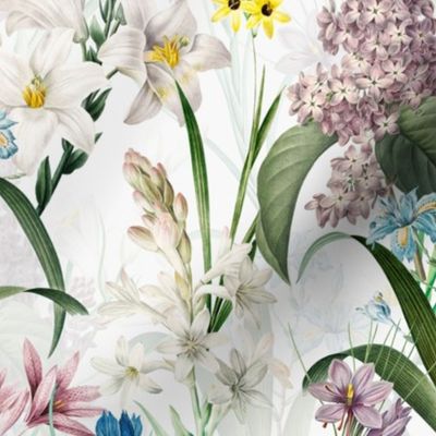 14" Exquisite antique charm: A Vintage Botanical Flower Pattern, Featuring exotic leaves white pink and blue and purple blooms,  on an off white background - double layer
