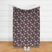 Retro Trailing blooms block print inspired, marron brown, calm blue and blush peach fuzz orange