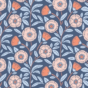 Fun retro block print inspired trailing blooms, blush peach fuzz orange, blue background- Large