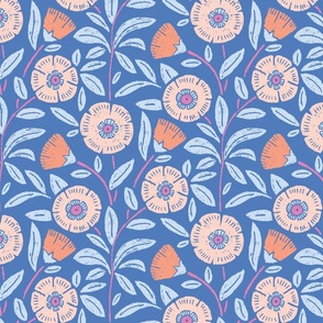 cool block print lino cut funTrailing blooms in hot pink, blush peach fuzz orange washed royal blue