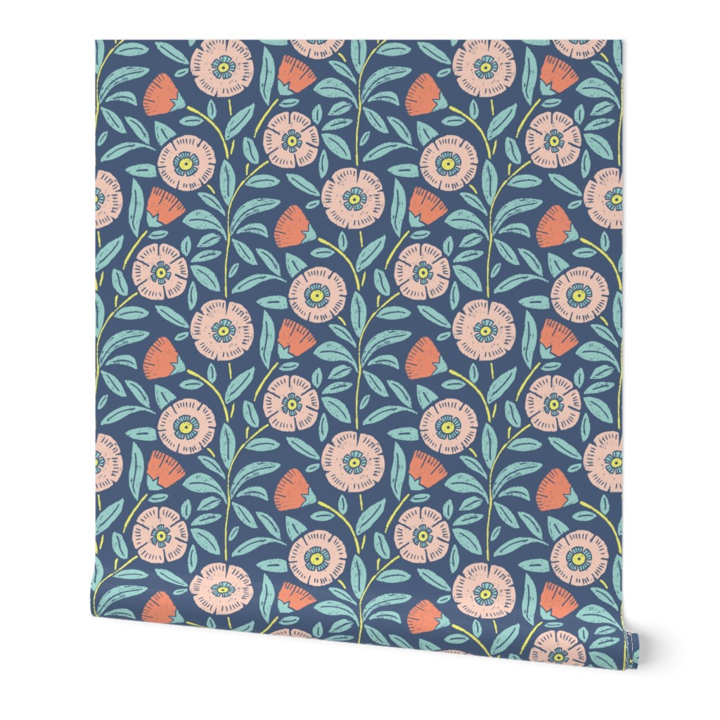 Retro 70s linocut cool blockprint inspired Trailing blooms, teal and blush orange on ocean blue-large (L)