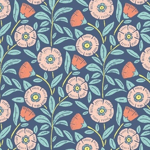 Retro 70s linocut cool blockprint inspired Trailing blooms, teal and blush orange on ocean blue-large (L)