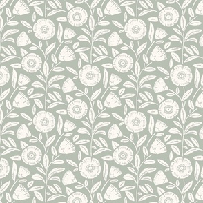 serene textured sage green and white trailing blooms and leaves blockprint linocut inspired