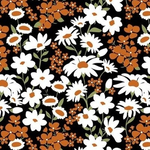 Springtime meadow romantic english garden with poppies daisies and little anemones white rust olive on black