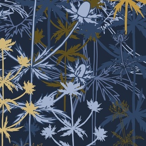 Jumbo - Sea holly plants silhouetted and layered in shades of gold, mustard and blue nova on a midnight blue background. For wallpaper in any room.