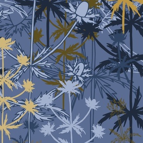Jumbo - Sea holly plants silhouetted and layered in shades of blue, gold, mustard on a blue nova background. For wallpaper in any room.