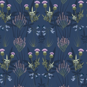 Jumbo - Flowers and leaves of Scotland on a dark midnight navy blue coloured background with thistles, heather and bluebells.