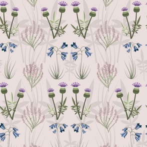 Jumbo - Flowers and leaves of Scotland on a warm cream Dulux Sweet Embrace coloured background with thistles, heather and bluebells.