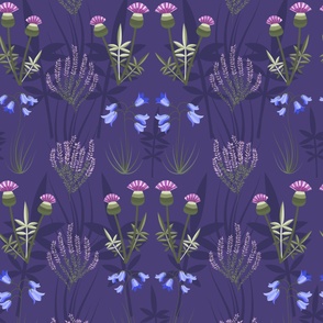 Jumbo - Flowers and leaves of Scotland on a rich violet purple coloured background with thistles, heather and bluebells.